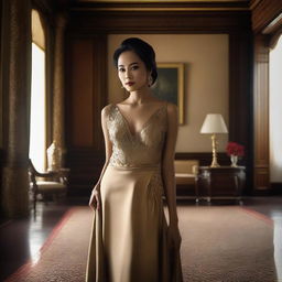 A super high-definition photograph captures a stunningly beautiful Indonesian woman, dressed in a slightly revealing simple attire, inside a luxurious room