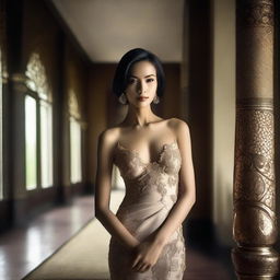 A super high-definition photograph captures a stunningly beautiful Indonesian woman, dressed in a slightly revealing simple attire, inside a luxurious room