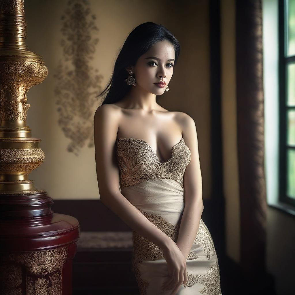 A super high-definition photograph captures a stunningly beautiful Indonesian woman, dressed in a slightly revealing simple attire, inside a luxurious room