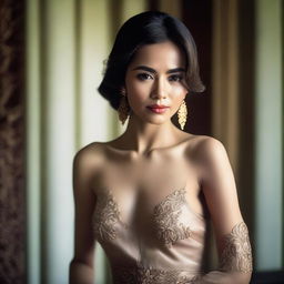 A super high-definition photograph captures a stunningly beautiful Indonesian woman, dressed in a slightly revealing simple attire, inside a luxurious room