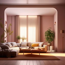 Design a creative minimilastic interior or a modern vibe living room which should cozy compfy and neat