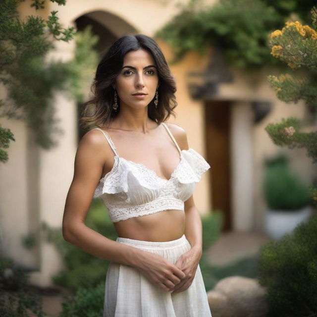 A super high-definition photograph showcases an alluringly beautiful Spanish woman, dressed in a slightly revealing simple attire, in the front garden of a house