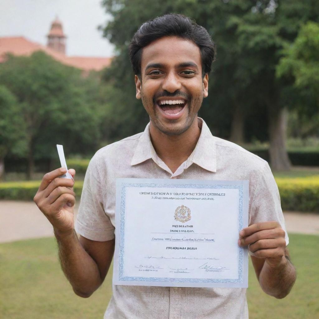 An overjoyed Indian man, eyes glittering with pride, holding in his hands a university certificate for top grades