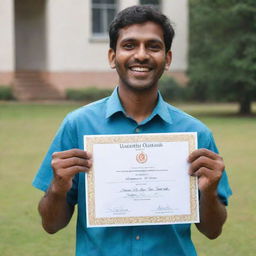 An overjoyed Indian man, eyes glittering with pride, holding in his hands a university certificate for top grades