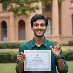 An overjoyed Indian man, eyes glittering with pride, holding in his hands a university certificate for top grades