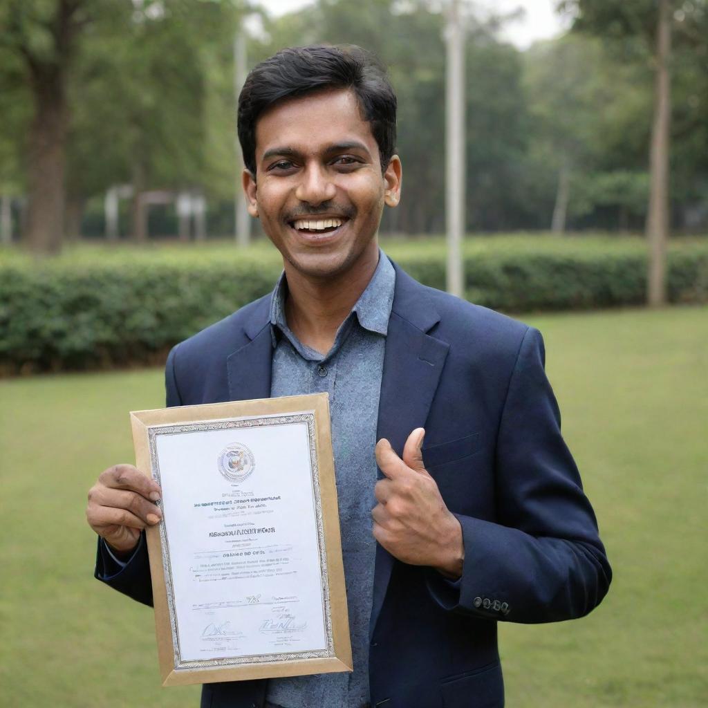 An overjoyed Indian man, eyes glittering with pride, holding in his hands a university certificate for top grades