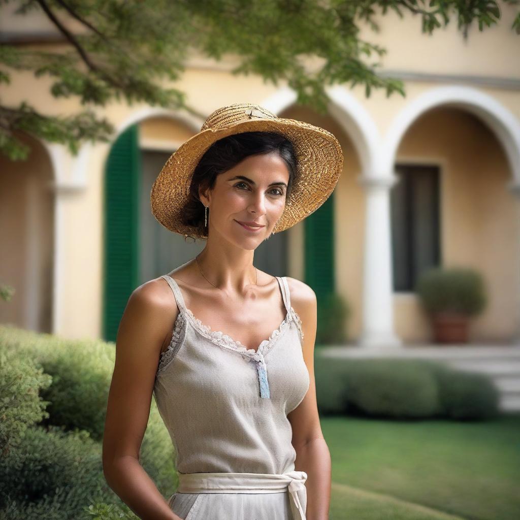 This super high-definition photograph presents an enchanting Italian woman, adorned in a slightly revealing simple outfit, in the front yard of a house