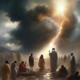 A high-quality digital art image captures a scene of natural disasters, with tumultuous weather and chaos on the ground