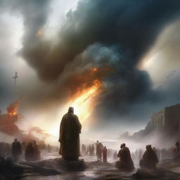 A high-quality digital art image captures a scene of natural disasters, with tumultuous weather and chaos on the ground