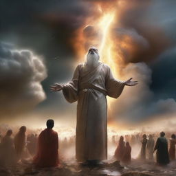 A high-quality digital art image captures a scene of natural disasters, with tumultuous weather and chaos on the ground