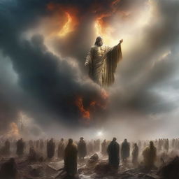 A high-quality digital art image captures a scene of natural disasters, with tumultuous weather and chaos on the ground