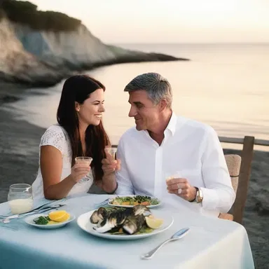 The couple enjoyed a candlelit dinner by the coast, savoring a deliciously grilled greenling while watching the sunset.
