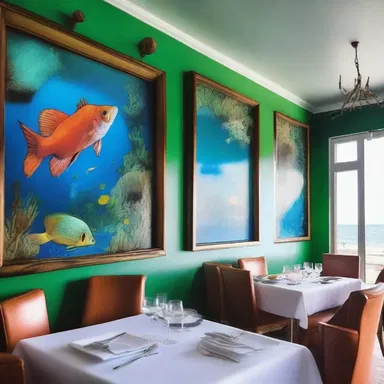 The beachfront restaurant had a stunning interior, with walls adorned with vibrant paintings of underwater scenes, including a majestic greenling swimming among corals.