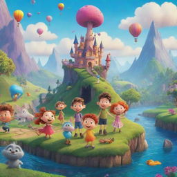 Create an animated poster for a whimsical cartoon movie, showcasing colorful characters and fantastical landscapes