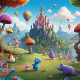 Create an animated poster for a whimsical cartoon movie, showcasing colorful characters and fantastical landscapes