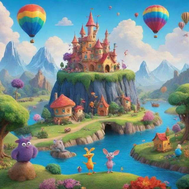 Create an animated poster for a whimsical cartoon movie, showcasing colorful characters and fantastical landscapes