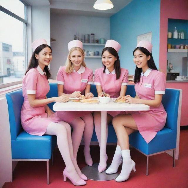 Three female friends having lunch in a vibrantly colored cafe. One woman is 155 cm tall wearing a pink nurse uniform, the second is 170 cm tall in a blue nurse uniform, and the third is 160 cm tall in sophisticated office attire.