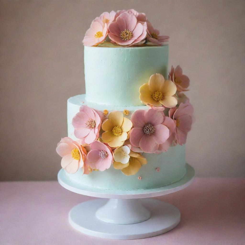 A delicious, multi-tiered cake with pastel icing and embellished with beautiful edible flowers.