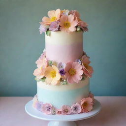 A delicious, multi-tiered cake with pastel icing and embellished with beautiful edible flowers.