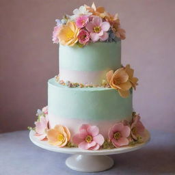 A delicious, multi-tiered cake with pastel icing and embellished with beautiful edible flowers.