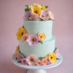 A delicious, multi-tiered cake with pastel icing and embellished with beautiful edible flowers.