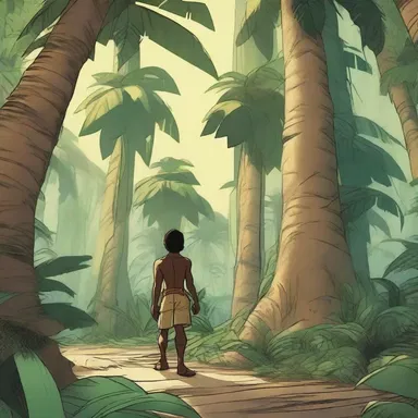 The protagonist in the comic book series discovers a hidden civilization deep in the jungle, surrounded by towering palm family trees.