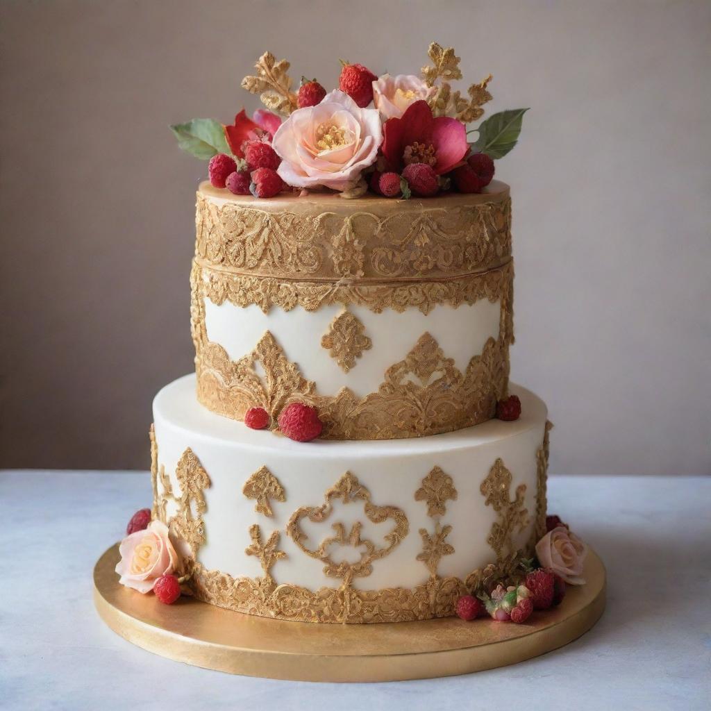 A luxurious cake worth $100, adorned with intricate edible decorations and rich, premium ingredients.