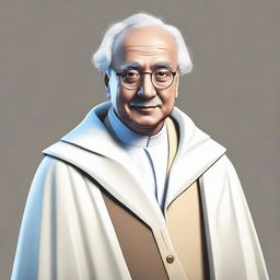 This is a high-quality digital art image, featuring a smart mentor wearing old-style glasses and a white cloak