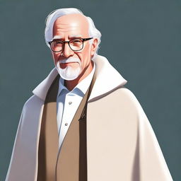 This is a high-quality digital art image, featuring a smart mentor wearing old-style glasses and a white cloak