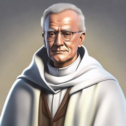 This is a high-quality digital art image, featuring a smart mentor wearing old-style glasses and a white cloak