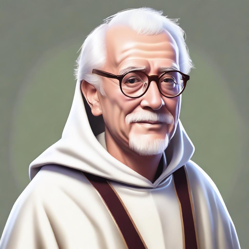 This is a high-quality digital art image, featuring a smart mentor wearing old-style glasses and a white cloak