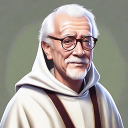 This is a high-quality digital art image, featuring a smart mentor wearing old-style glasses and a white cloak