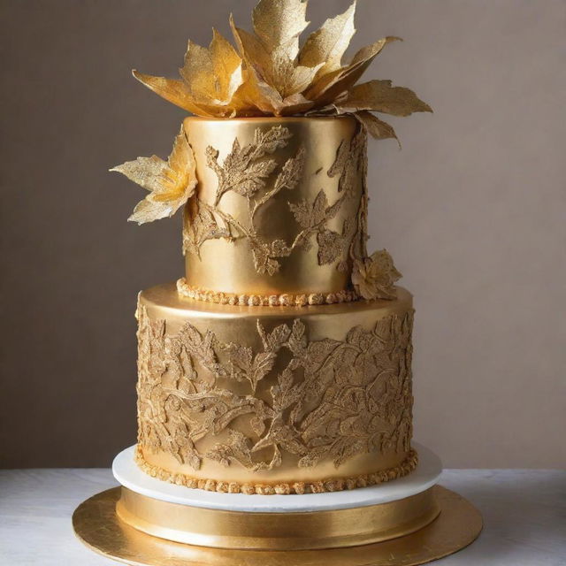 An extravagant $10,000 cake, masterfully crafted with rare, high-end ingredients, adorned with edible gold leaf and intricate sugar artistry.