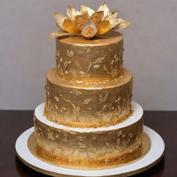 An extravagant $10,000 cake, masterfully crafted with rare, high-end ingredients, adorned with edible gold leaf and intricate sugar artistry.