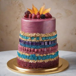 A supremely lavish $10,000 trillion cake, layered with the rarest, most exotic ingredients known to humanity, coated in precious edible gemstones, with opulent designs that radiate affluence and extravagance.