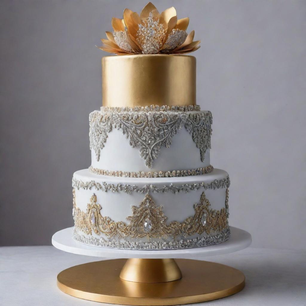 A three-tiered cake with an intricate, brushed silver bottom layer, a dazzling golden middle layer, and a top layer majestically crafted from edible diamonds.