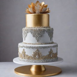 A three-tiered cake with an intricate, brushed silver bottom layer, a dazzling golden middle layer, and a top layer majestically crafted from edible diamonds.