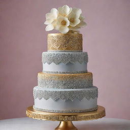 A three-tiered cake with an intricate, brushed silver bottom layer, a dazzling golden middle layer, and a top layer majestically crafted from edible diamonds.