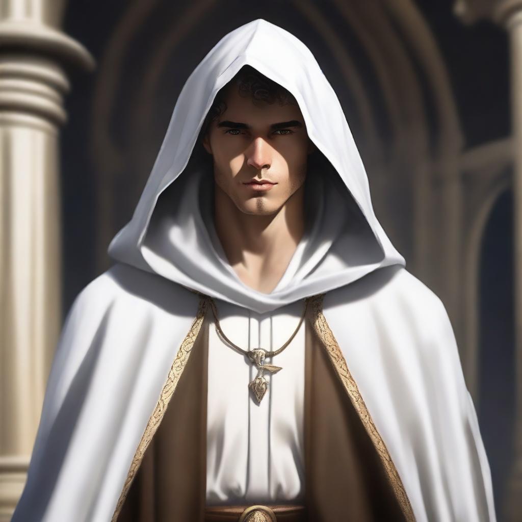 A high-quality digital art image, depicting a young mentor in his 30s, dressed in a white cloak and hood