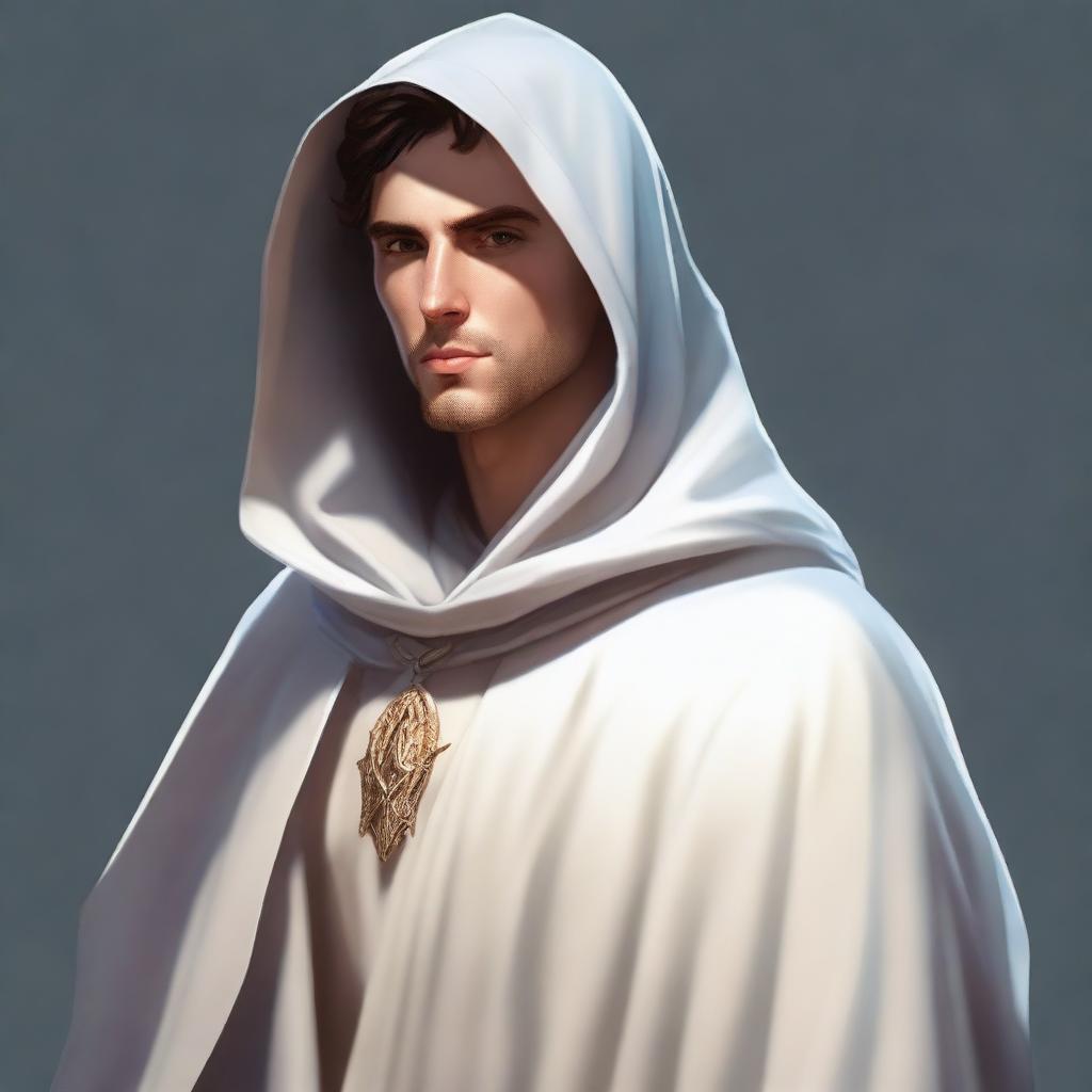 A high-quality digital art image, depicting a young mentor in his 30s, dressed in a white cloak and hood