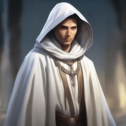 A high-quality digital art image, depicting a young mentor in his 30s, dressed in a white cloak and hood