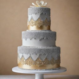 A three-tiered cake with an intricate, brushed silver bottom layer, a dazzling golden middle layer, and a top layer majestically crafted from edible diamonds.