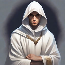 A high-quality digital art image, depicting a young mentor in his 30s, dressed in a white cloak and hood