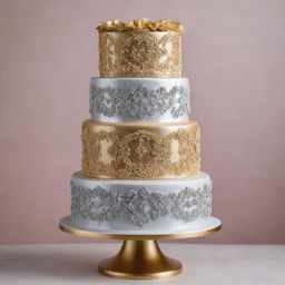 A three-tiered cake with an intricate, brushed silver bottom layer, a dazzling golden middle layer, and a top layer majestically crafted from edible diamonds.