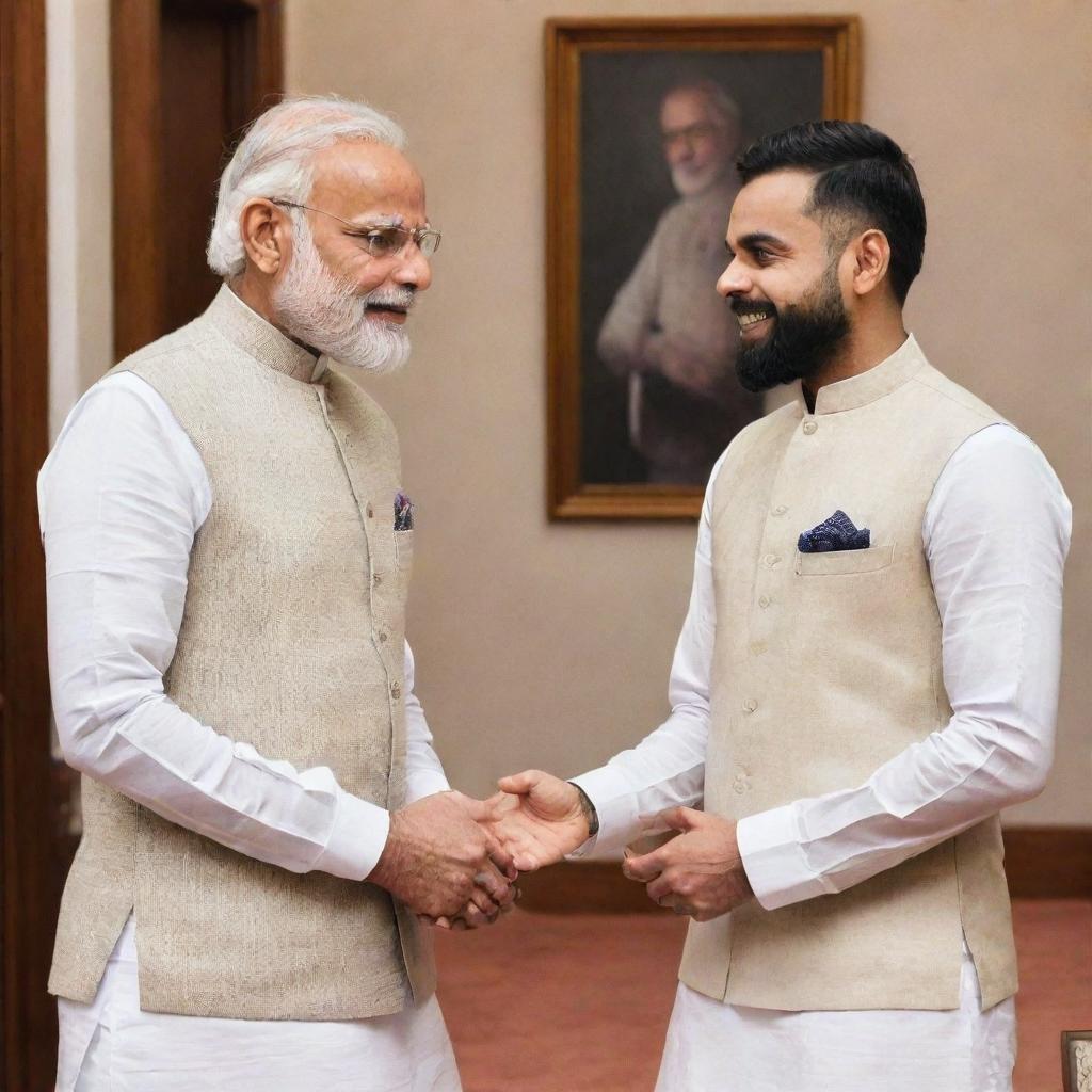 A high-quality portrait of Prime Minister Modi and cricketer Virat Kohli in a formal setting, engaged in a friendly conversation.