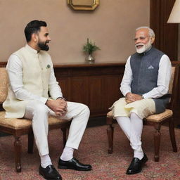 A high-quality portrait of Prime Minister Modi and cricketer Virat Kohli in a formal setting, engaged in a friendly conversation.