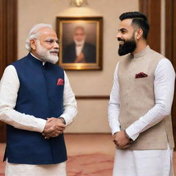 A high-quality portrait of Prime Minister Modi and cricketer Virat Kohli in a formal setting, engaged in a friendly conversation.