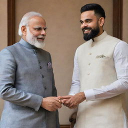 A high-quality portrait of Prime Minister Modi and cricketer Virat Kohli in a formal setting, engaged in a friendly conversation.