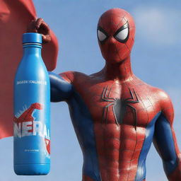 A detailed image of Spiderman, masterfully rendered with one hand transformed into a stylized rendition of a 'Prime' water bottle, and the other hand bearing the vibrant design of the Nepal flag.