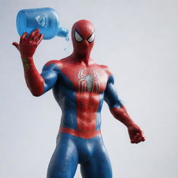 A detailed image of Spiderman, masterfully rendered with one hand transformed into a stylized rendition of a 'Prime' water bottle, and the other hand bearing the vibrant design of the Nepal flag.